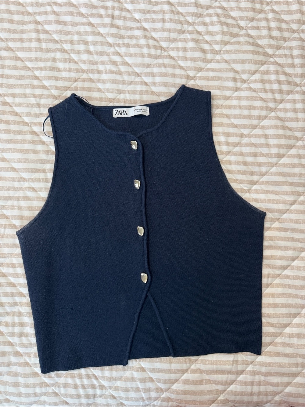 Zara Navy Cropped Knit Vest with Silver Buttons